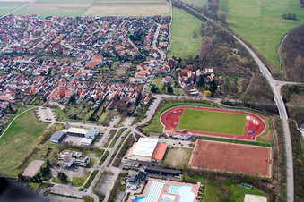 Oblique view of Queichtal Stadium in Offenbach an der Queich in the state Rhineland-Palatinate, Germany