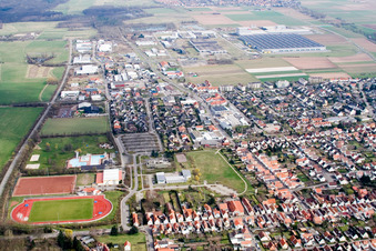 Aerial view of City view from the west in Offenbach an der Queich in the state Rhineland-Palatinate, Germany