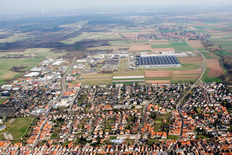 Aerial photograpy of City view from the west in Offenbach an der Queich in the state Rhineland-Palatinate, Germany