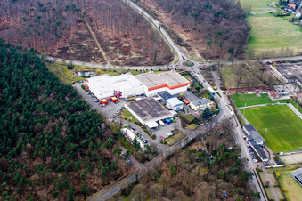 Herxheim, industrial area from the southeast, Möbel Gilb in Herxheim bei Landau in the state Rhineland-Palatinate, Germany