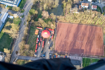 Aerial view of Circus Weisheit at the sports field in Kandel in the state Rhineland-Palatinate, Germany