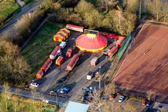 Circus Weisheit at the sports field in Kandel in the state Rhineland-Palatinate, Germany seen from above
