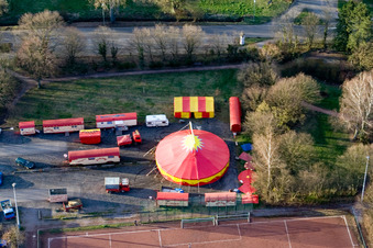 Circus Weisheit at the sports field in Kandel in the state Rhineland-Palatinate, Germany viewn from the air
