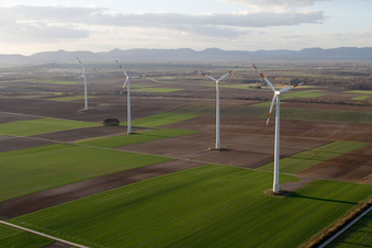 Aerial view of Wind turbine windmills on a field in Minfeld in the state Rhineland-Palatinate