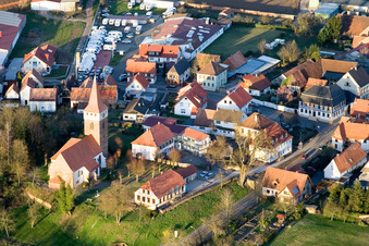 Aerial view of Protestant Church from the West in Minfeld in the state Rhineland-Palatinate, Germany