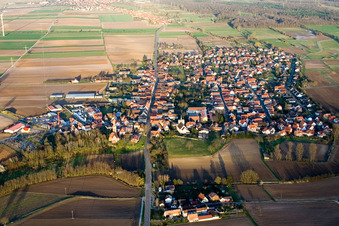 Village - view on the edge of agricultural fields and farmland in Minfeld in the state Rhineland-Palatinate seen from above