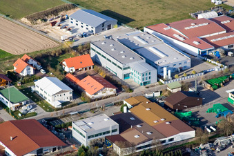 Oblique view of Gereutäcker commercial area in Hatzenbühl in the state Rhineland-Palatinate, Germany