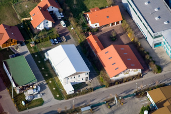 Im Gereut commercial area in Hatzenbühl in the state Rhineland-Palatinate, Germany seen from a drone