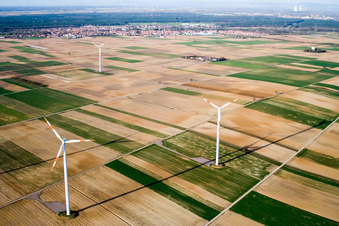 Aerial view of Wind turbines in Rülzheim in the state Rhineland-Palatinate, Germany