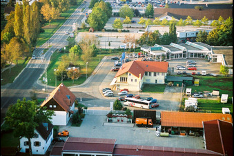 Lauterburger Straße commercial area with Ford-Auto Bohlender and Sporthaus Frey in Kandel in the state Rhineland-Palatinate, Germany