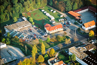 Aerial view of Lauterburger Straße commercial area with Ford-Auto Bohlender and Sporthaus Frey in Kandel in the state Rhineland-Palatinate, Germany