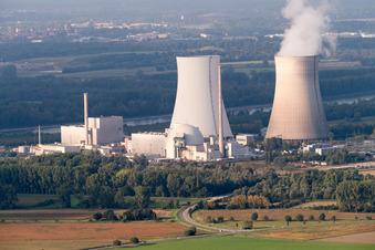Nuclear power plant from the southwest in Philippsburg in the state Baden-Wuerttemberg, Germany from above
