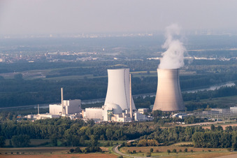 Nuclear power plant from the southwest in Philippsburg in the state Baden-Wuerttemberg, Germany out of the air