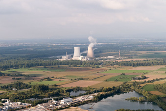 Aerial view of Nuclear power plant from the south in Philippsburg in the state Baden-Wuerttemberg, Germany