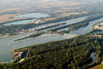 Aerial photograpy of Lock near Gambsheim in the district Freistett in Rheinau in the state Baden-Wuerttemberg, Germany