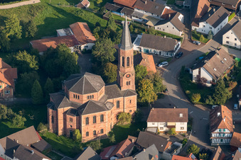 Aerial view of Church in the village center in the district Rheinbischofsheim in Rheinau in the state Baden-Wuerttemberg, Germany