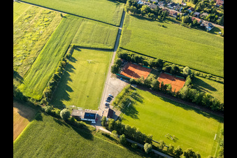 Aerial view of Sports fields of SV 1946 Minfeld football club and TC Minfeld in Minfeld in the state Rhineland-Palatinate, Germany
