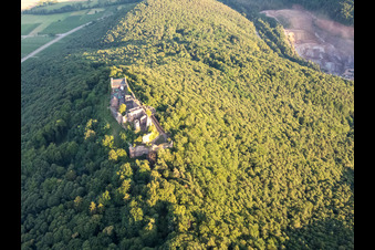 Aerial view of Madenburg Castle ruins from the north above the PfalzGranit quarry in the Kaiserbach Valley in Eschbach in the state Rhineland-Palatinate, Germany