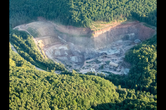 Aerial view of Site and Terrain of overburden surfaces Cement opencast mining of Heidelberger Beton GmbH - Region Sued-West in Waldhambach in the state Rhineland-Palatinate, Germany