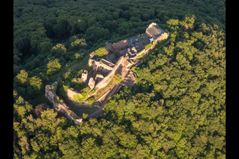 Aerial view of Madenburg castle ruins from the west in Eschbach in the state Rhineland-Palatinate, Germany
