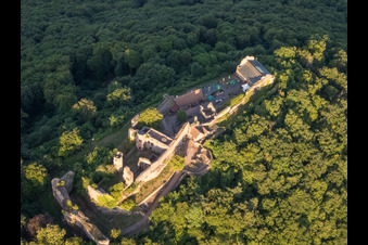 Aerial photograpy of Madenburg castle ruins from the west in Eschbach in the state Rhineland-Palatinate, Germany