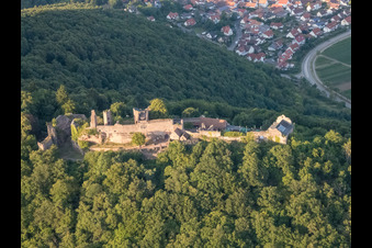 Madenburg castle ruins from the west in Eschbach in the state Rhineland-Palatinate, Germany from above