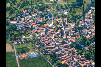 Main Street from the west and Laurentius Garden in Göcklingen in the state Rhineland-Palatinate, Germany