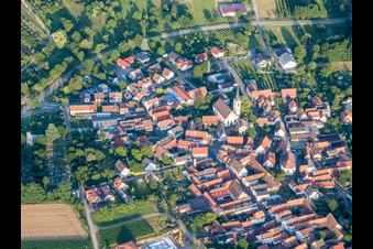 Aerial view of Main Street from the west and Laurentius Garden in Göcklingen in the state Rhineland-Palatinate, Germany
