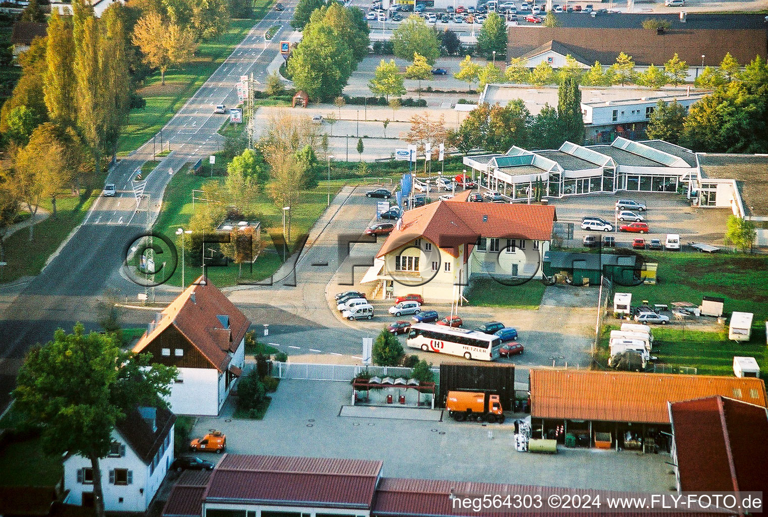 Lauterburger Straße Ford car dealership and Sporthaus Frey from the south in Kandel in the state Rhineland-Palatinate, Germany