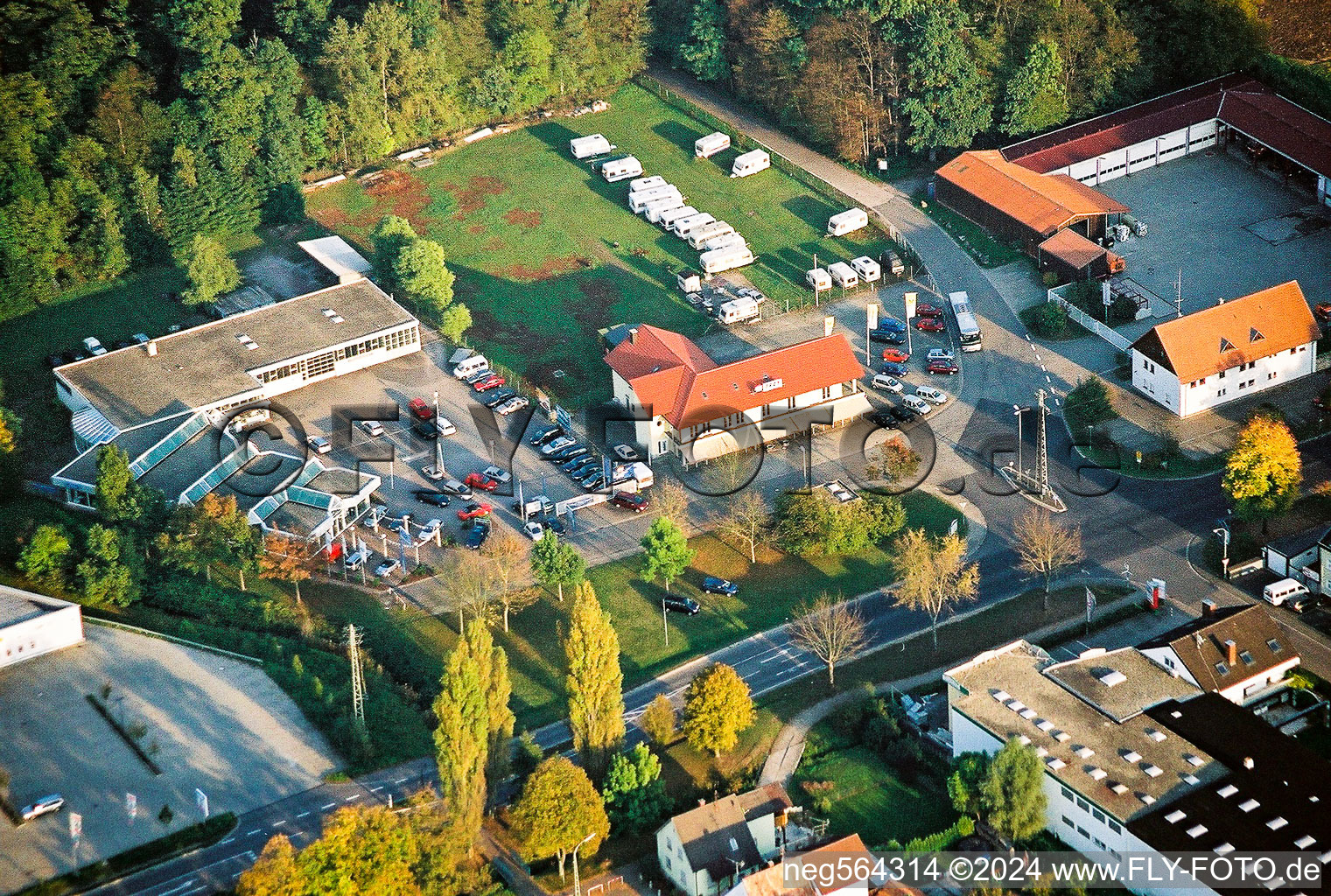 Lauterburger Straße Ford car dealership and Sporthaus Frey from the northwest in Kandel in the state Rhineland-Palatinate, Germany