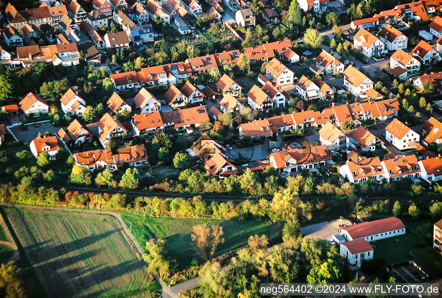Aerial photograpy of Residential area of detached housing estate Kandel Im Kirschgarten in Kandel in the state Rhineland-Palatinate