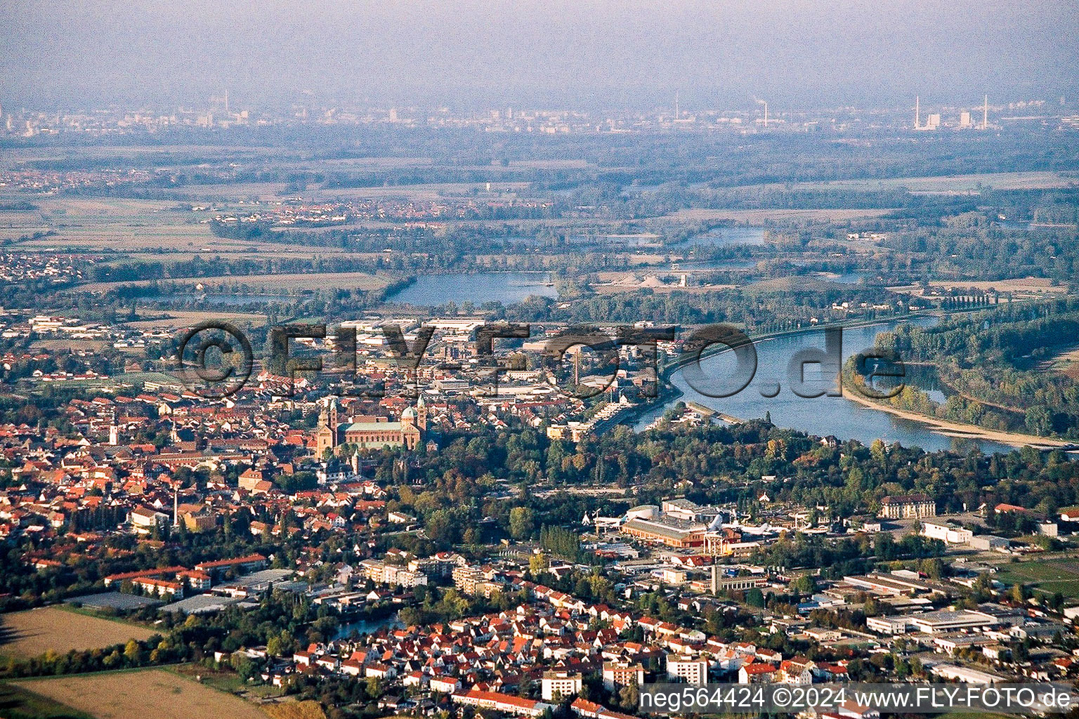 Aerial photograpy of Town on the banks of the river of the Rhine river in Speyer in the state Rhineland-Palatinate, Germany