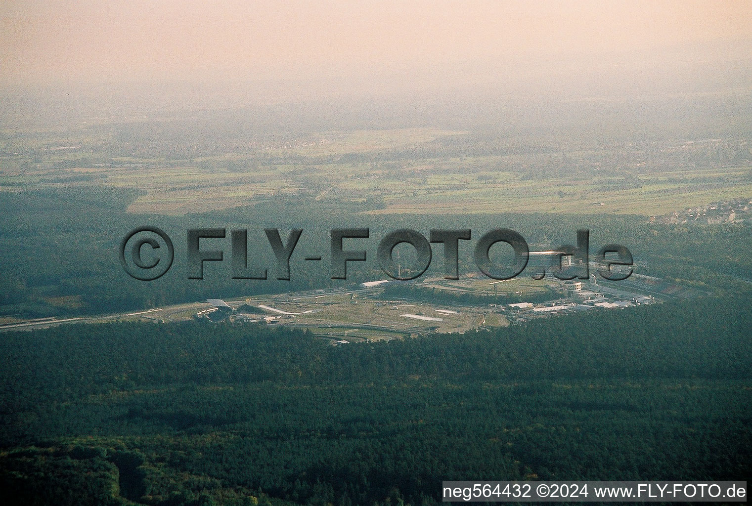 Aerial view of Hockenheimring from the northwest in Hockenheim in the state Baden-Wuerttemberg, Germany