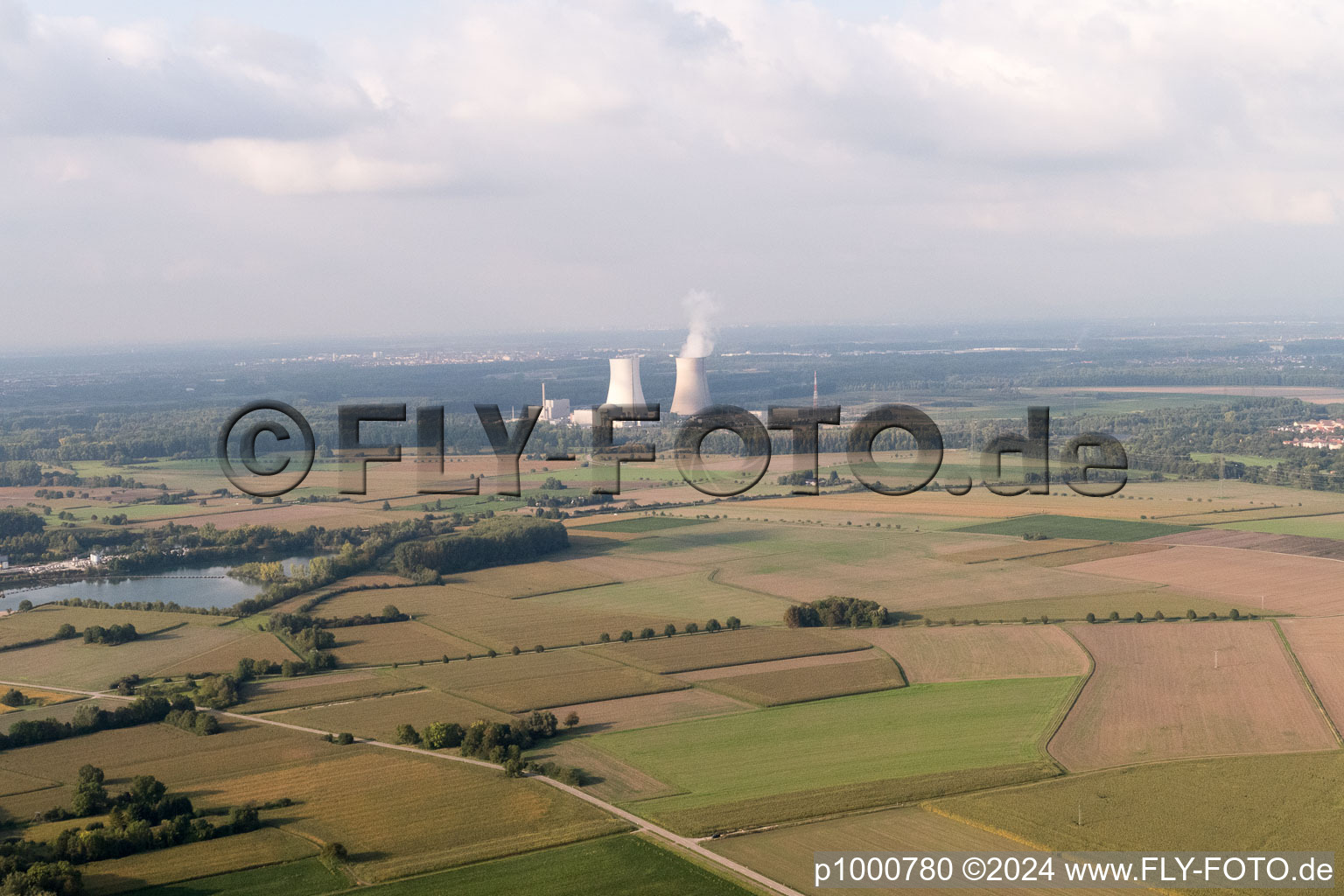 Oblique view of Nuclear power plant from the southwest in Philippsburg in the state Baden-Wuerttemberg, Germany