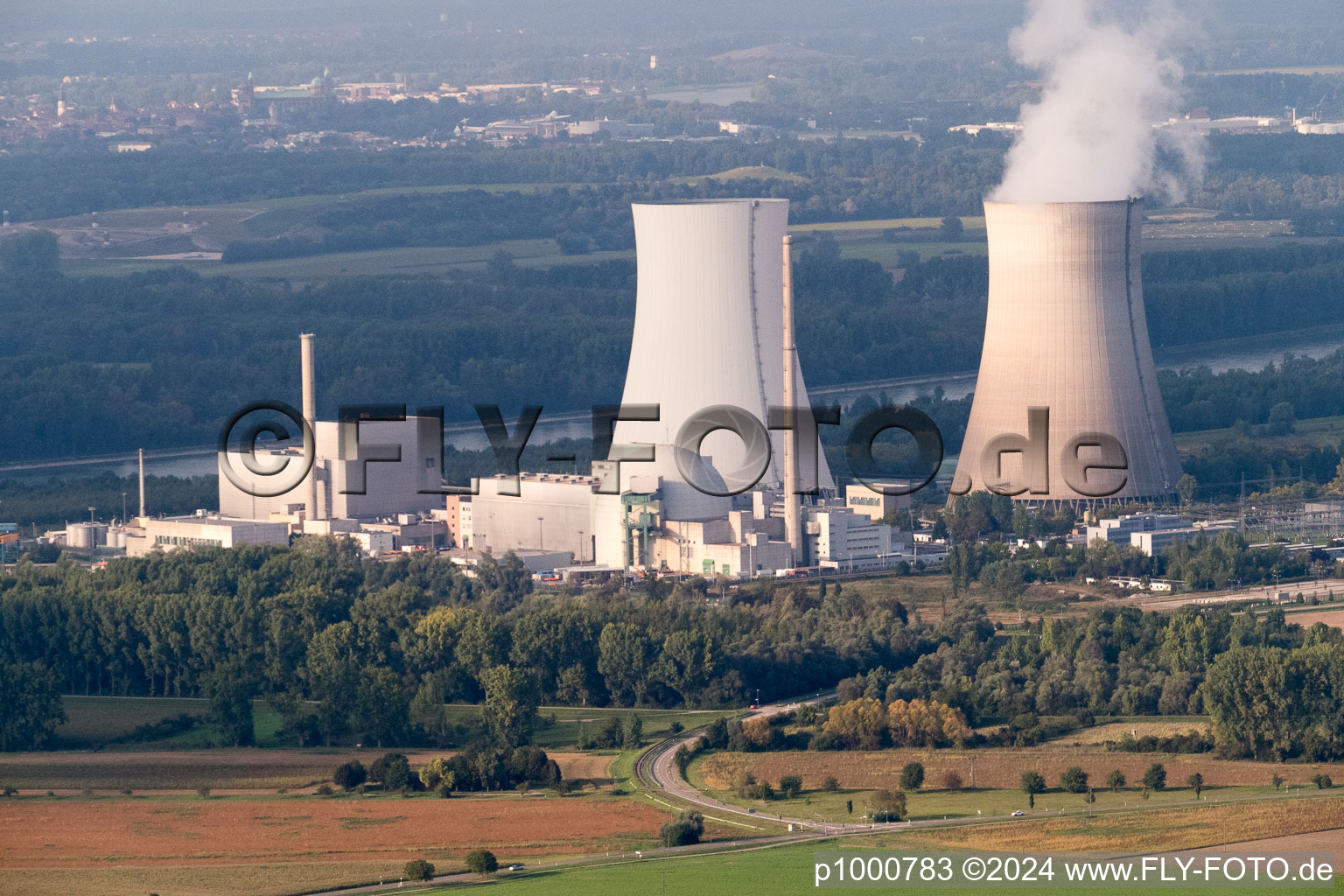 Nuclear power plant from the southwest in Philippsburg in the state Baden-Wuerttemberg, Germany from above