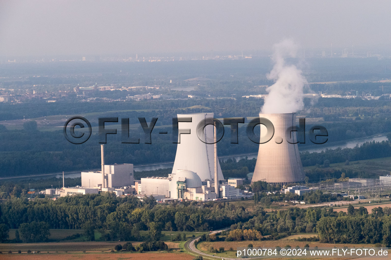 Nuclear power plant from the southwest in Philippsburg in the state Baden-Wuerttemberg, Germany out of the air