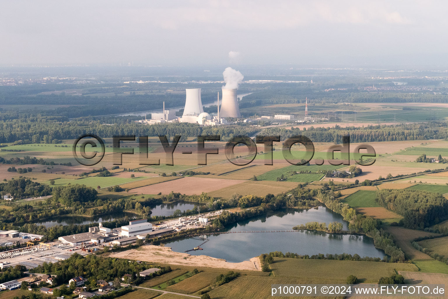 Nuclear power plant from the south in Philippsburg in the state Baden-Wuerttemberg, Germany