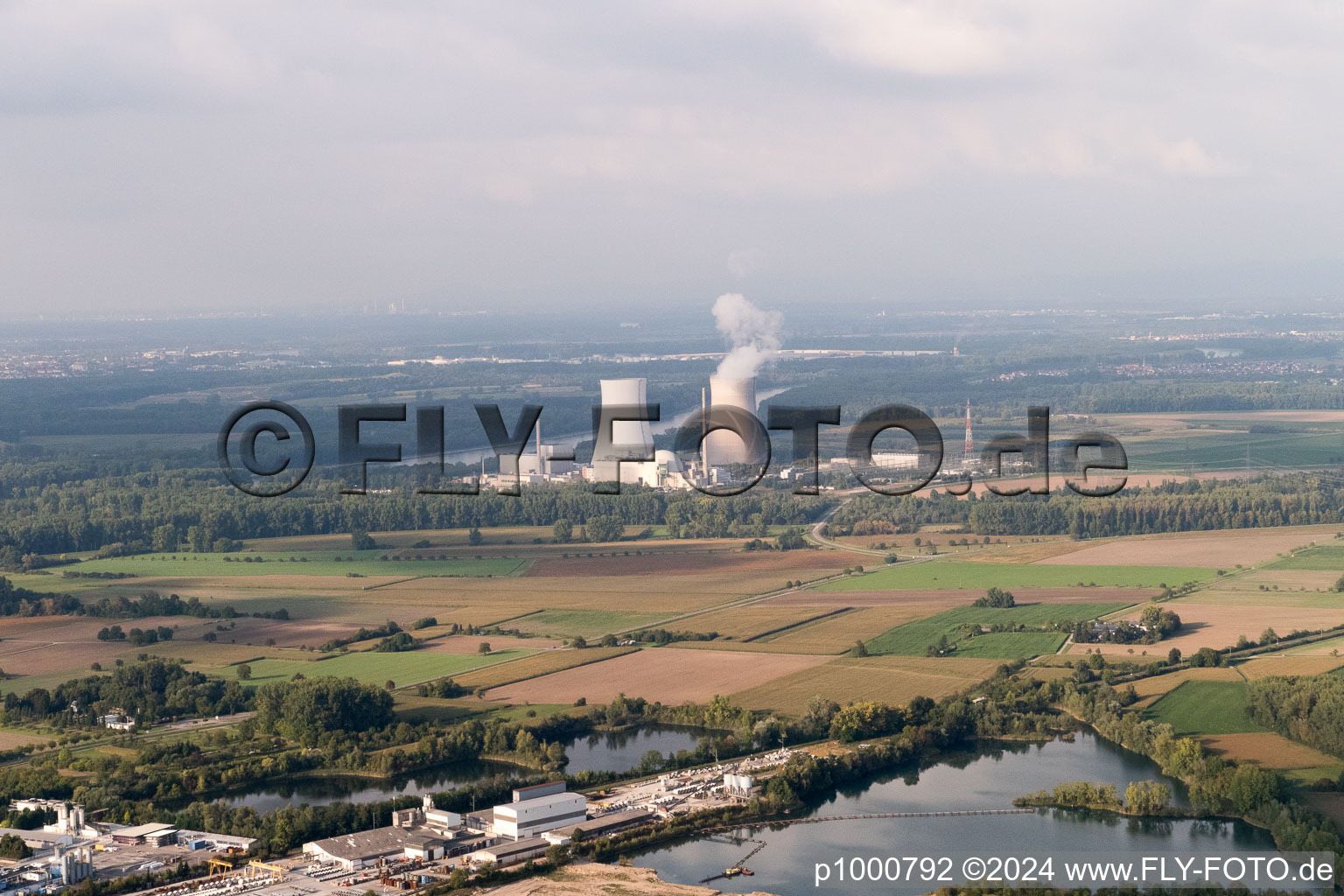 Aerial view of Nuclear power plant from the south in Philippsburg in the state Baden-Wuerttemberg, Germany