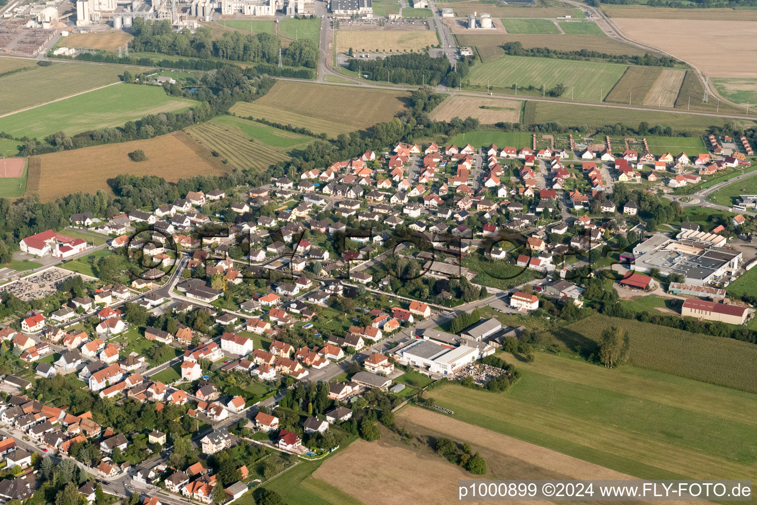 Beinheim in the state Bas-Rhin, France seen from a drone