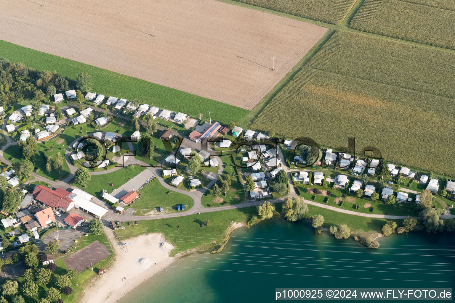 Aerial view of Roeschwoog, Camping in Rœschwoog in the state Bas-Rhin, France