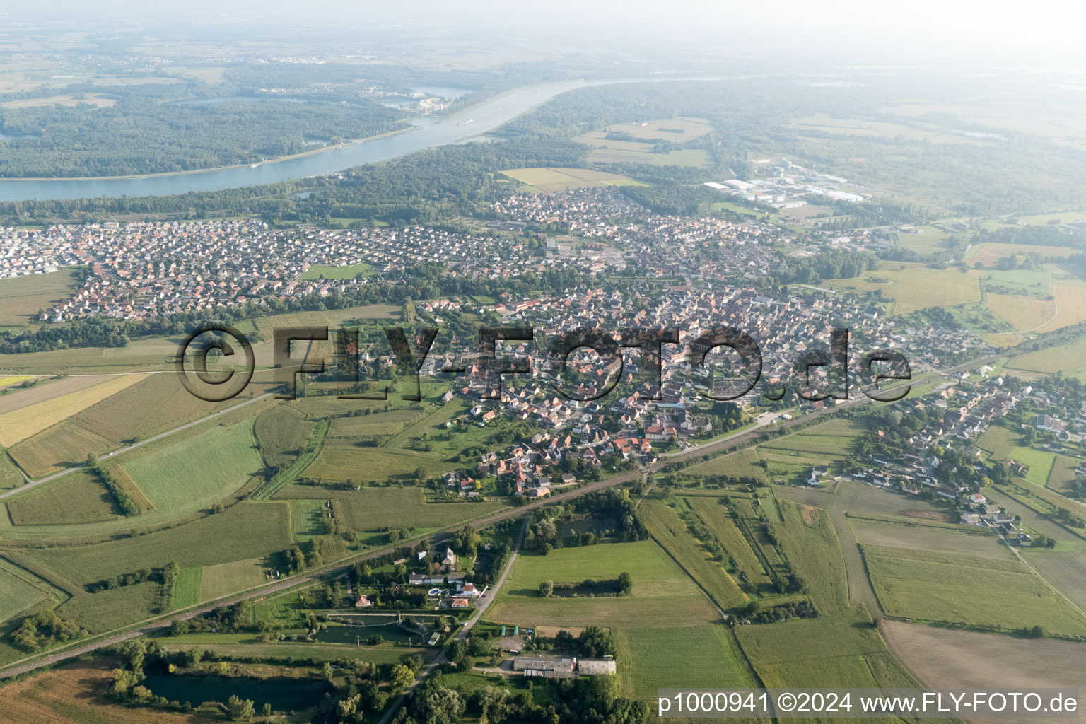 Drusenheim in the state Bas-Rhin, France from the drone perspective