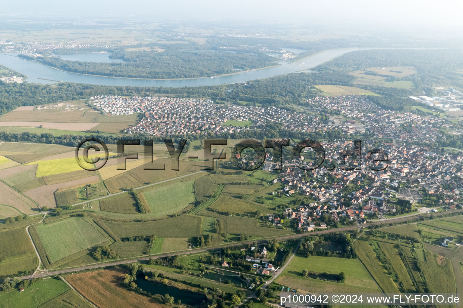 Drusenheim in the state Bas-Rhin, France from a drone