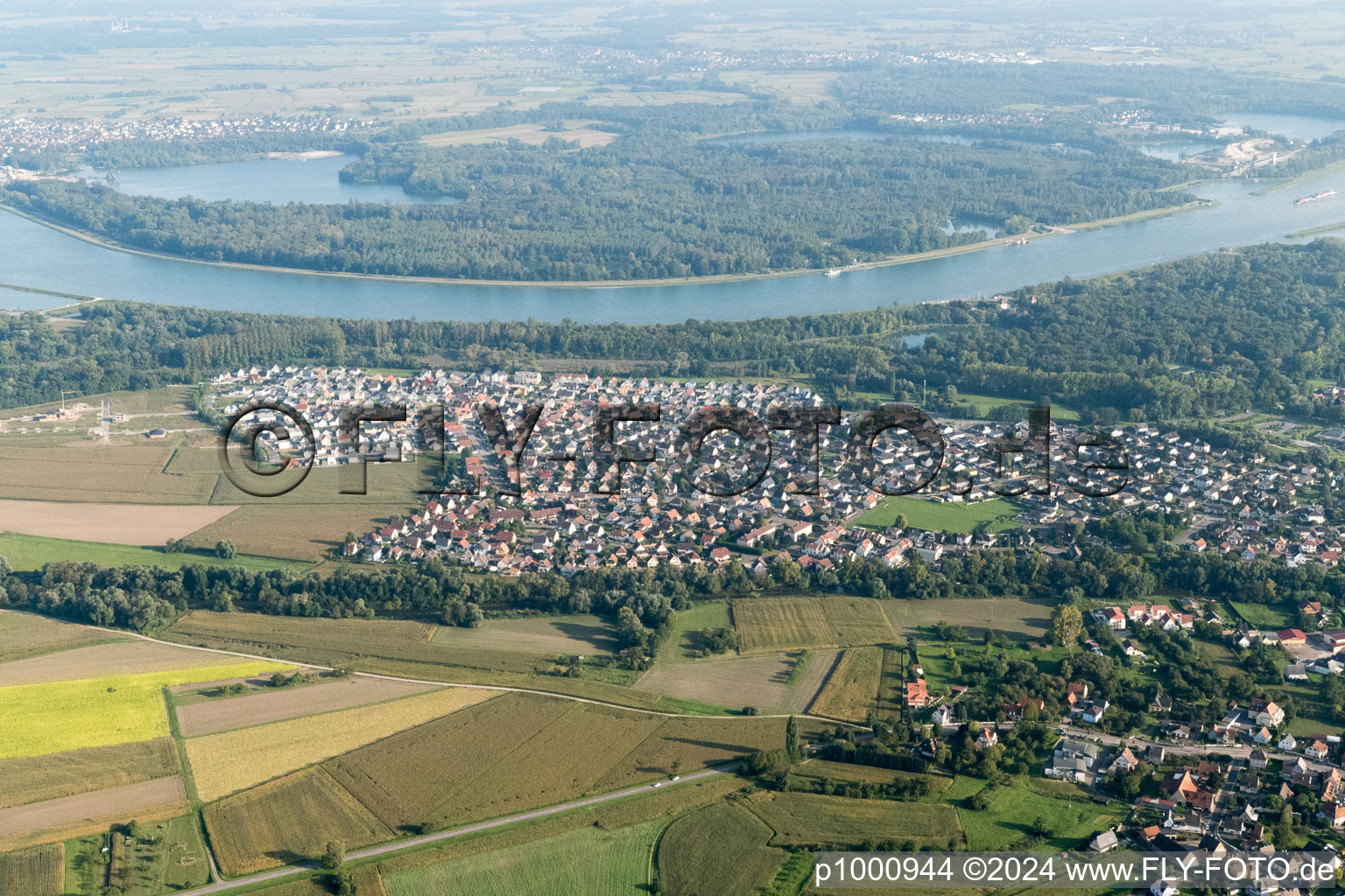 Drusenheim in the state Bas-Rhin, France seen from a drone