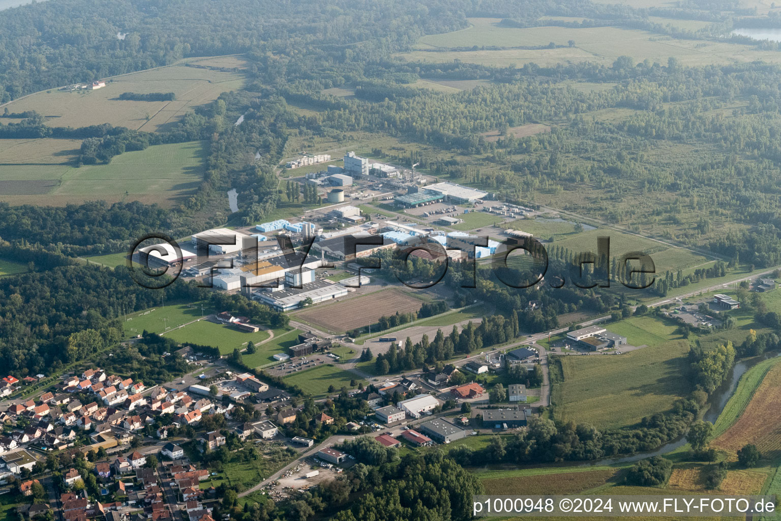 Drusenheim in the state Bas-Rhin, France from above