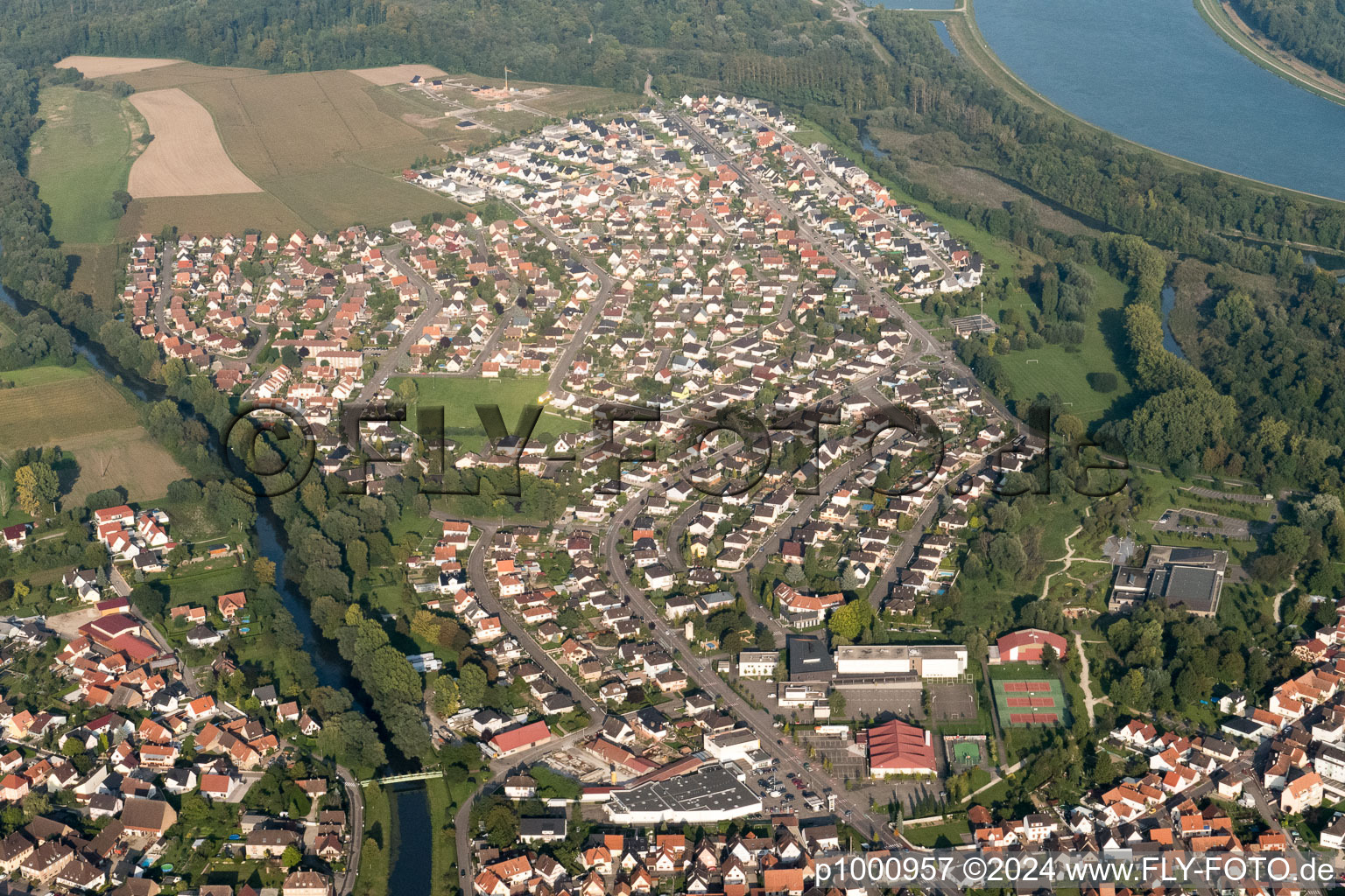 Drusenheim in the state Bas-Rhin, France viewn from the air