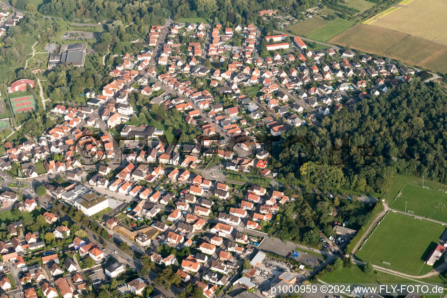 Aerial view of Town View of the streets and houses of the residential areas in Drusenheim in Grand Est, France