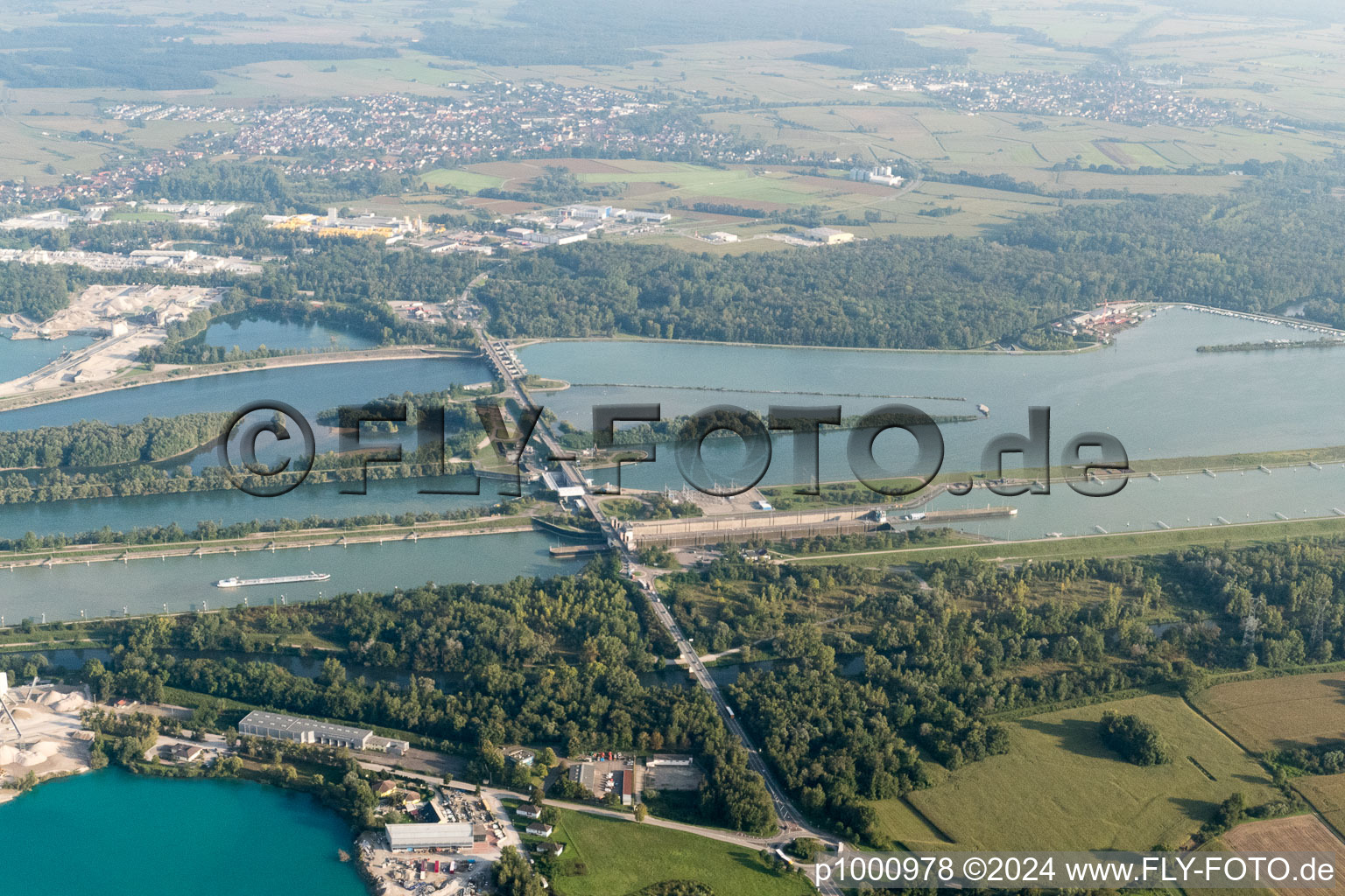 Aerial view of Lock at Freistett in Gambsheim in the state Bas-Rhin, France