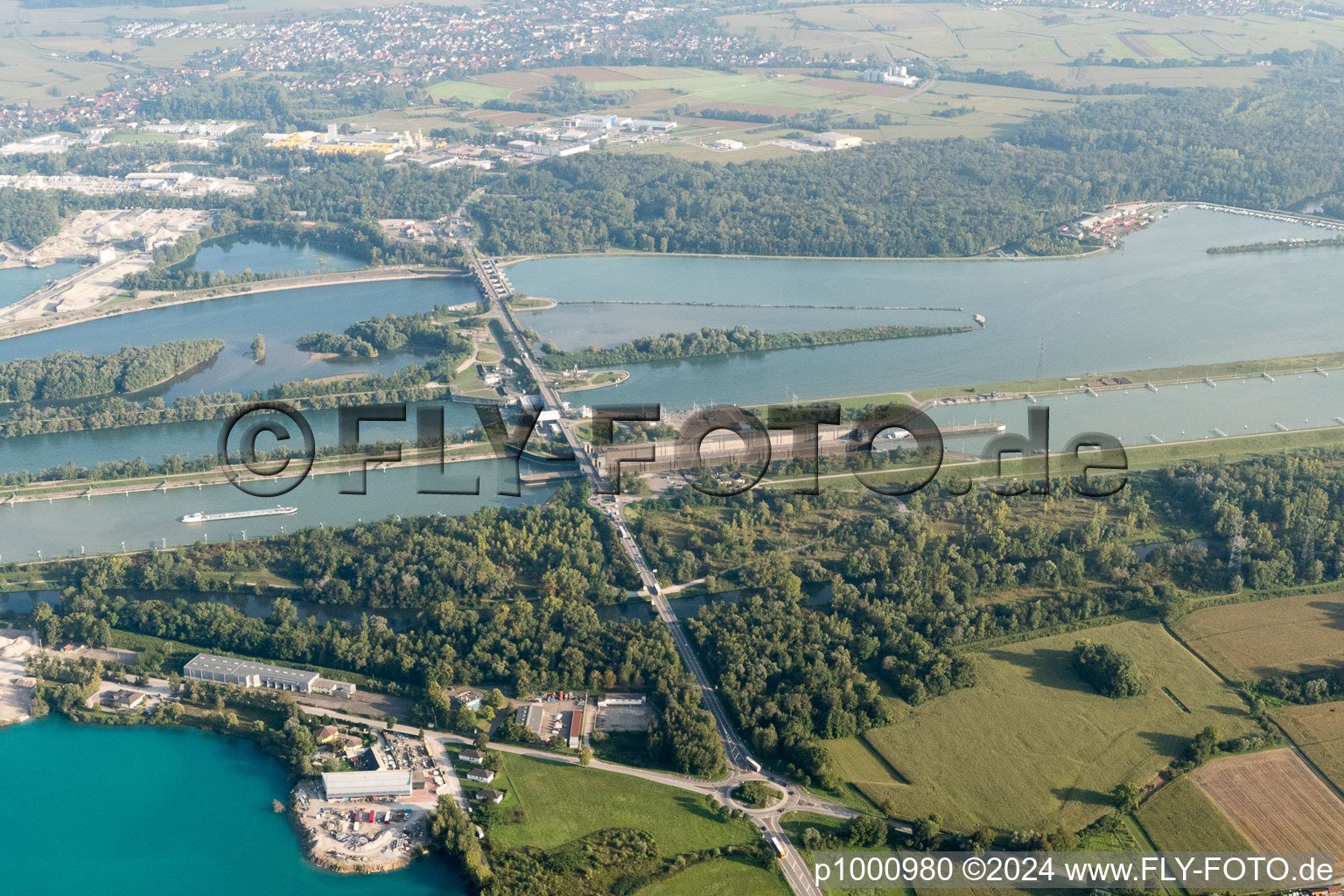 Aerial photograpy of Lock at Freistett in Gambsheim in the state Bas-Rhin, France