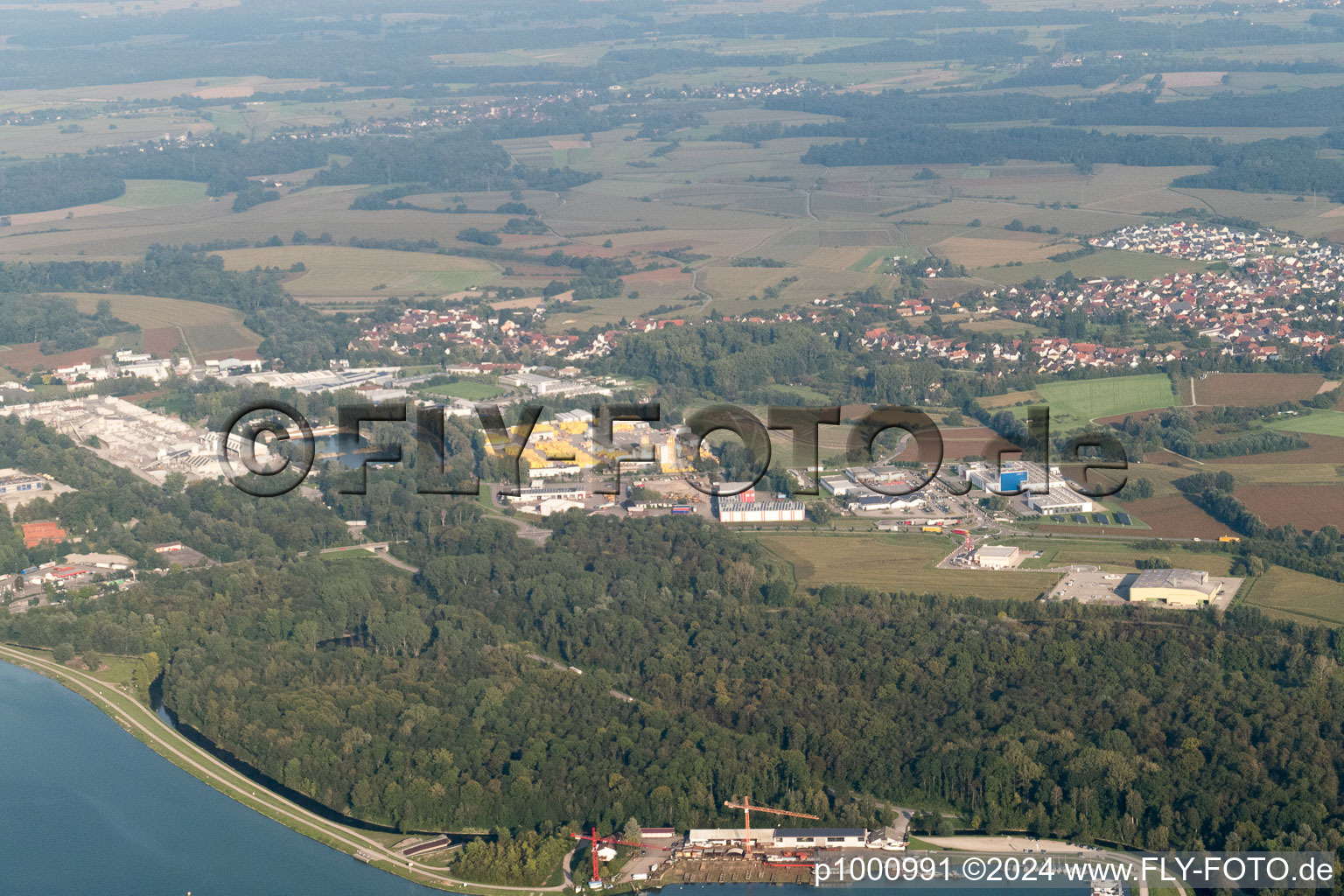 Bird's eye view of District Freistett in Rheinau in the state Baden-Wuerttemberg, Germany