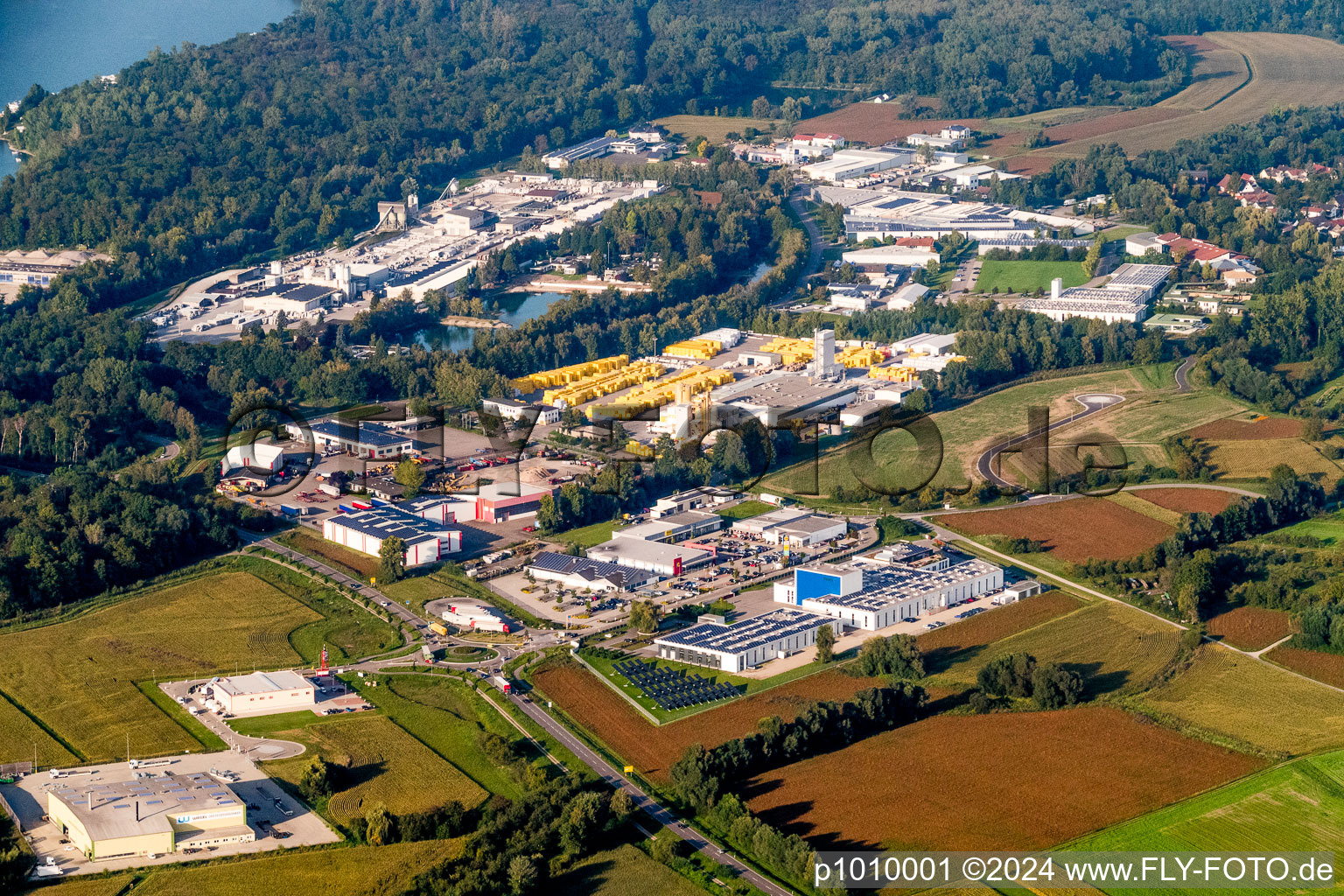 Aerial view of Shipyard - site of the Schiffswerft Karcher GmbH in Rheinau in the state Baden-Wurttemberg, Germany